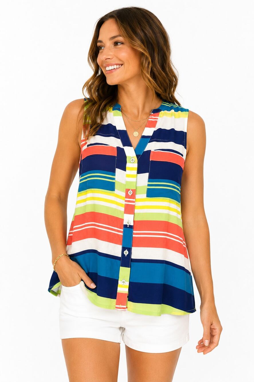 Anthropologie Maeve Striped Swing Tank Top XS Multicolor Button Front Sleeveless